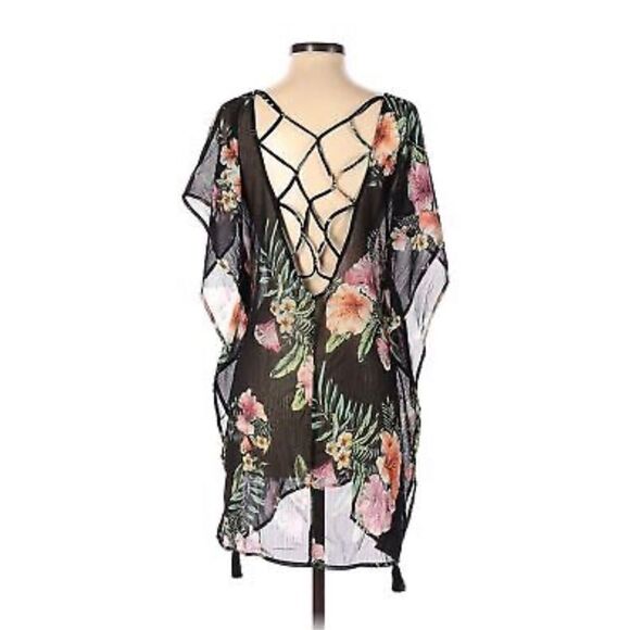 Kona Sol Black Floral Strappy Criss Cross and Open Back Lattice Sheer Tassel Swi - Picture 1 of 10
